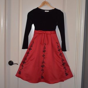 Black velvet & red satin dress w/a beaded design